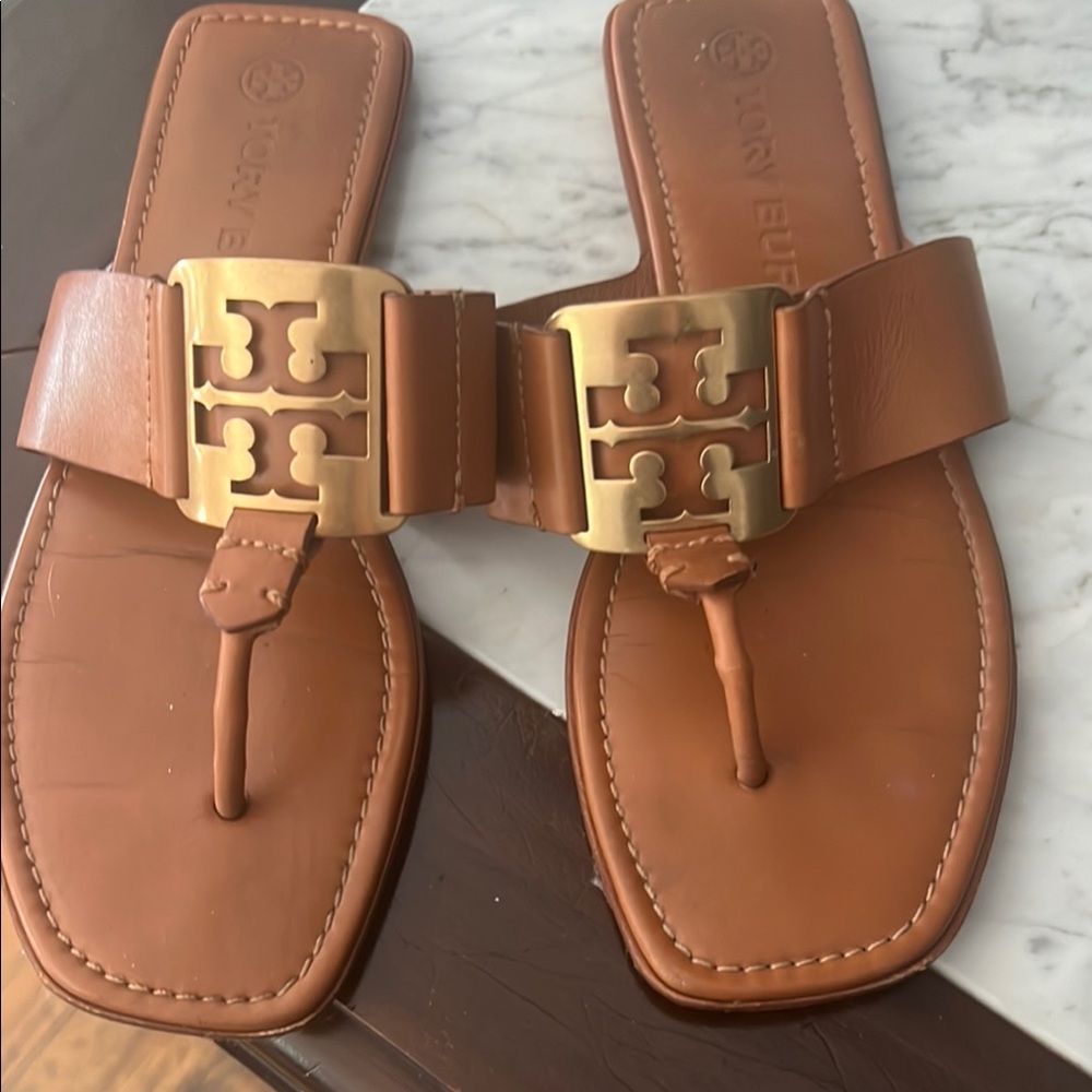 Tory Burch Brown Slides with Gold Accent